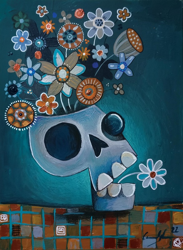 "Fiore in bocca" - Acrilico su legno, 18 x 24 cm (2022)
